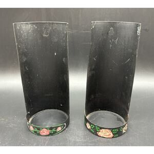 Metal Oil Lamp Cylinder Haind-Painted Flower Wall Sconces (2) Made in Hong Kong